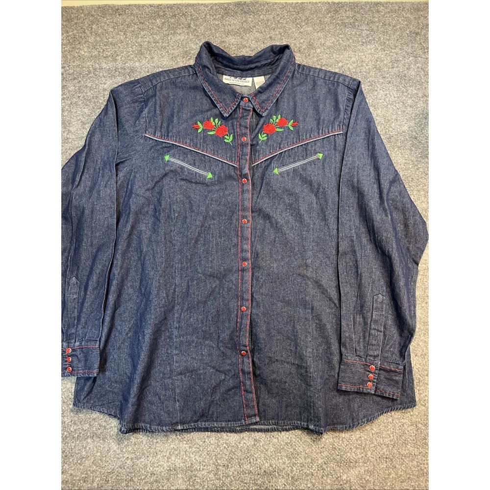 Back in the Saddle Embroidered Western Denim Shirt Blue Cotton Women's 3X